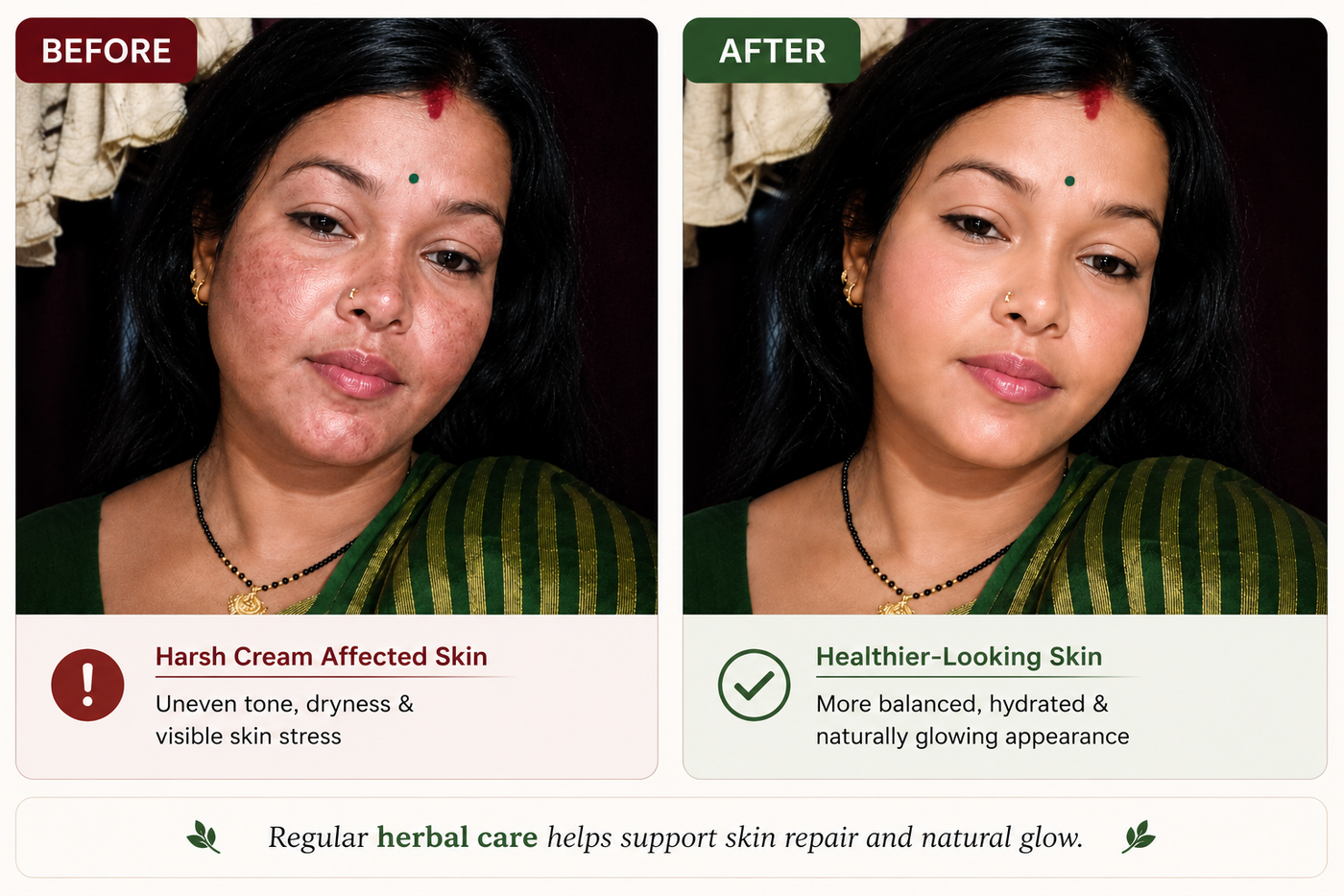 Before and after: a customer's skin appears healthier and naturally radiant with regular use