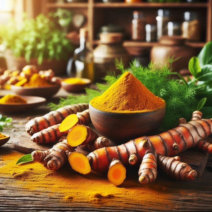 Fresh turmeric roots and powder